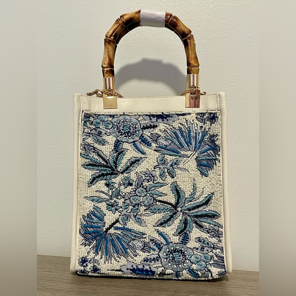 Elegant White and Blue Beaded Floral Rectangle Handbag with Gold Chain Strap